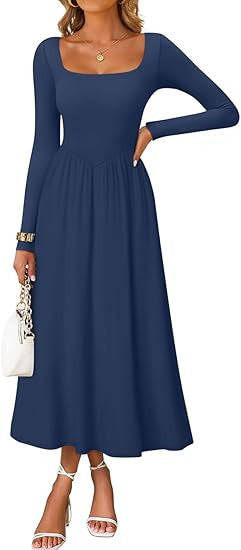 Damen Elegantes Midi-Kleid mit Quadratausschnitt und langen Ärmeln