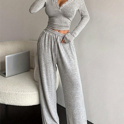 Damen Lounge-Set Elastischer Bund Mit Knöpfen Beige