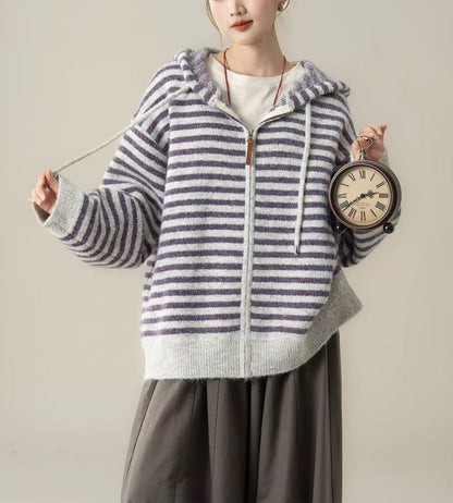 Damen Freizeit-Hoodie Gestreift Mit Kängurutasche