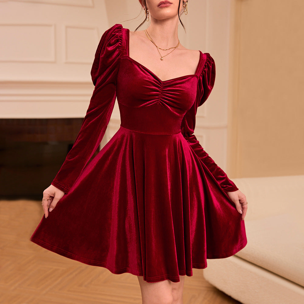Damen Samt Minikleid mit Puffärmeln und V-Ausschnitt