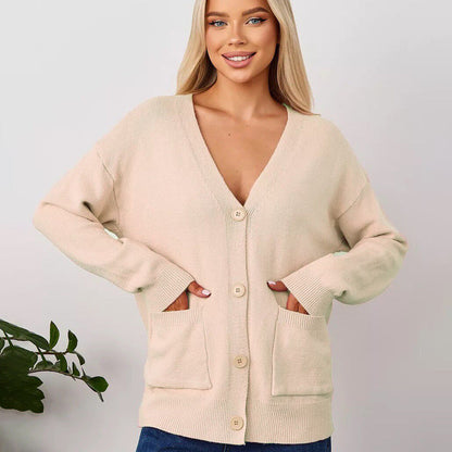 Damen Cardigan Grobstrick V-Ausschnitt Taschen Beige
