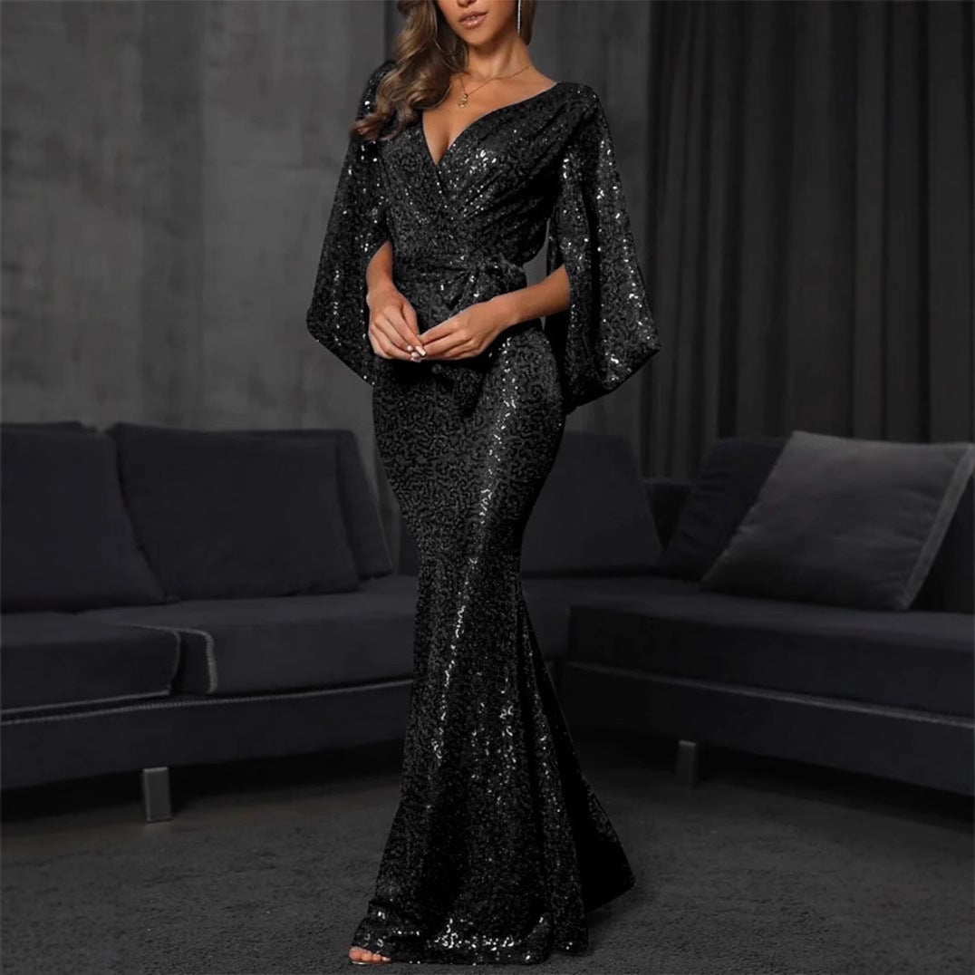 Damen Pailletten Mermaid-Kleid V-Ausschnitt Voluminöse Ärmel Norvielle