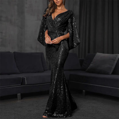 Damen Pailletten Mermaid-Kleid V-Ausschnitt Voluminöse Ärmel Norvielle