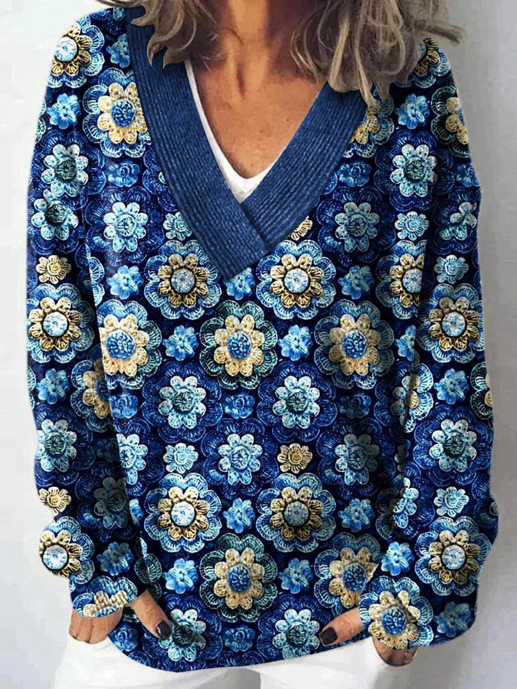 Damen Pullover V-Ausschnitt Floralmuster Lässig Norvielle