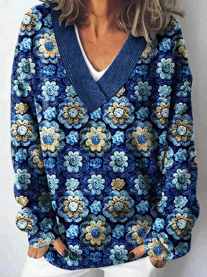 Damen Pullover V-Ausschnitt Floralmuster Lässig Norvielle