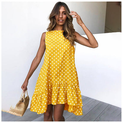 Damen A-Linien Kleid Rüschensaum Punkte Sommerlich