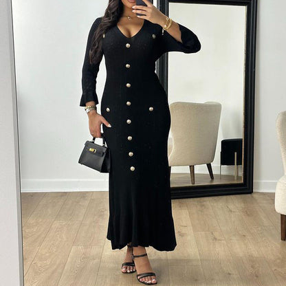 Damen Maxikleid Rippstrick Knopf-Design Elegantes Design