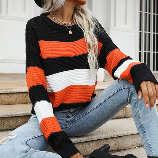 Damen Strickpullover Gestreift Voluminöse Ärmel Weite Passform - Norvielle