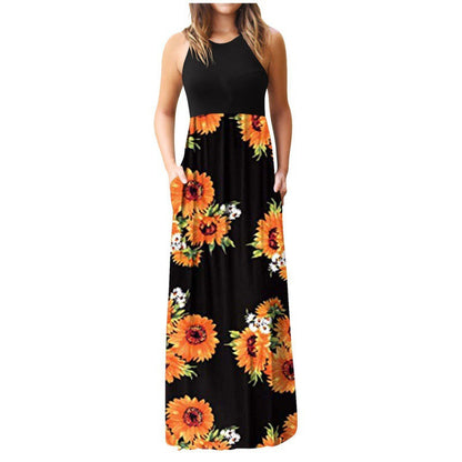 Damen Maxikleid Floralmuster Baumwolle Beige