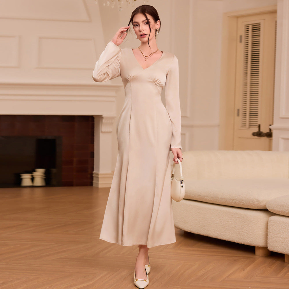 Damen Elegantes Midi-Kleid V-Ausschnitt Lange Ärmel Norvielle