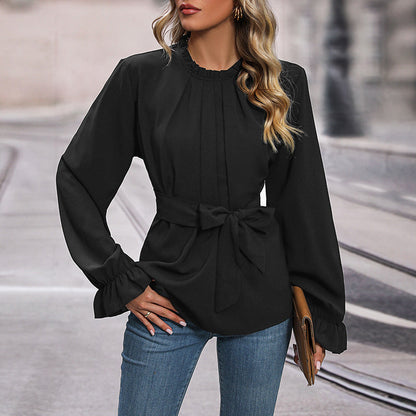 Damen Bluse Rüschendetails Taillengürtel Norvielle