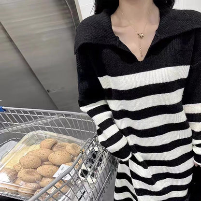 Damen Strickkleid Kontraststreifen Lässiger Schnitt
