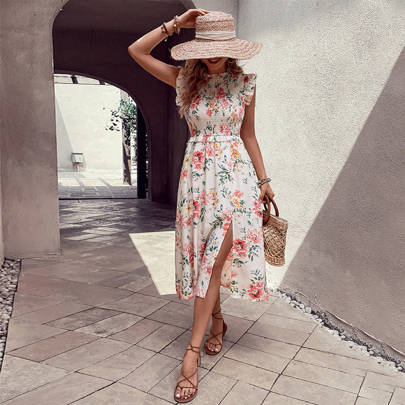 Damen Maxikleid Floralmuster Eleganter Schlitz