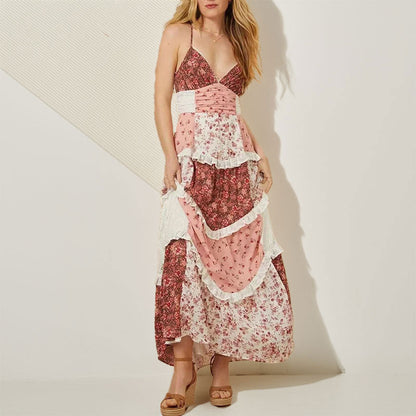 Damen Maxikleid mit Rüschen und Blumen-Patchwork-Design