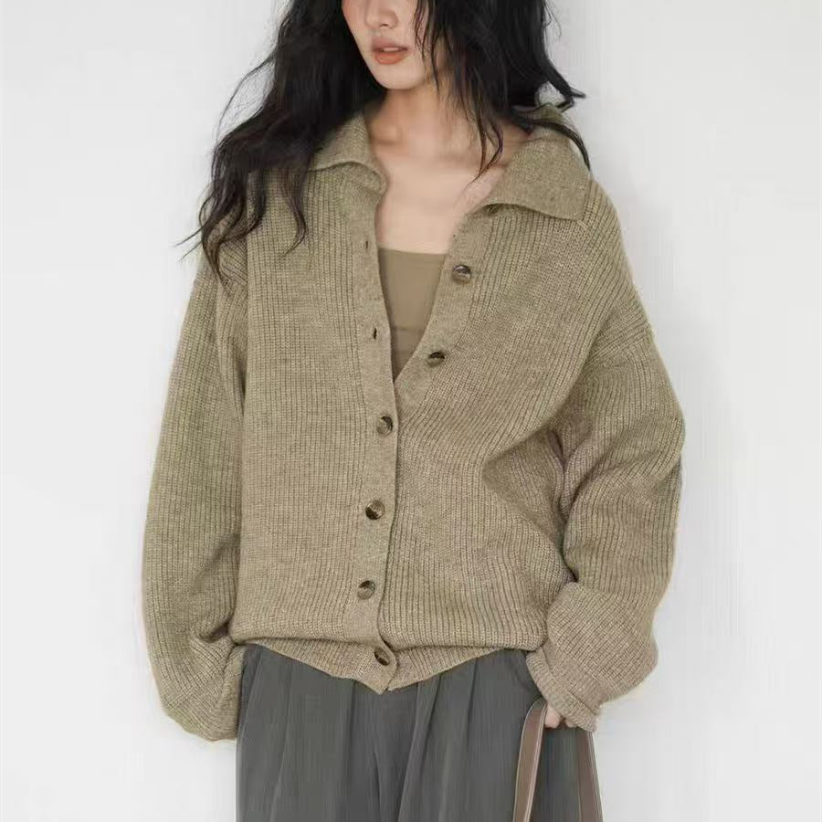 Damen Strickcardigan Oversized Button-Down Verschluss Beige - Norvielle