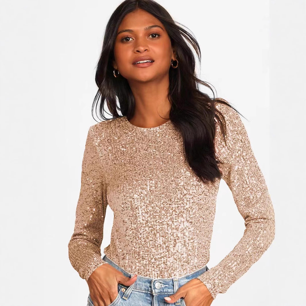 Damen Glitzerndes Bodysuit Längsärmig Schimmernder Stoff