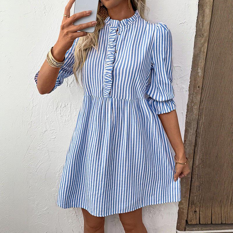 Damen Kleid aus Baumwolle mit Rüschen und Streifen