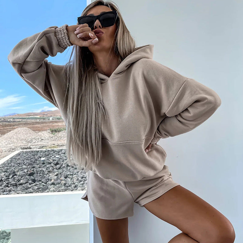 Damen Hoodie und Shorts Minimalistisch Beige - Norvielle