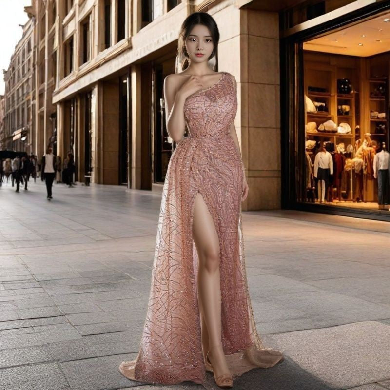 Damen Abendkleid Asymmetrischer Schnitt Glitzerdetails