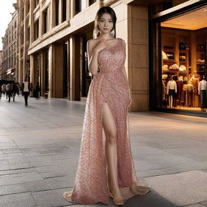 Damen Abendkleid Asymmetrischer Schnitt Glitzerdetails
