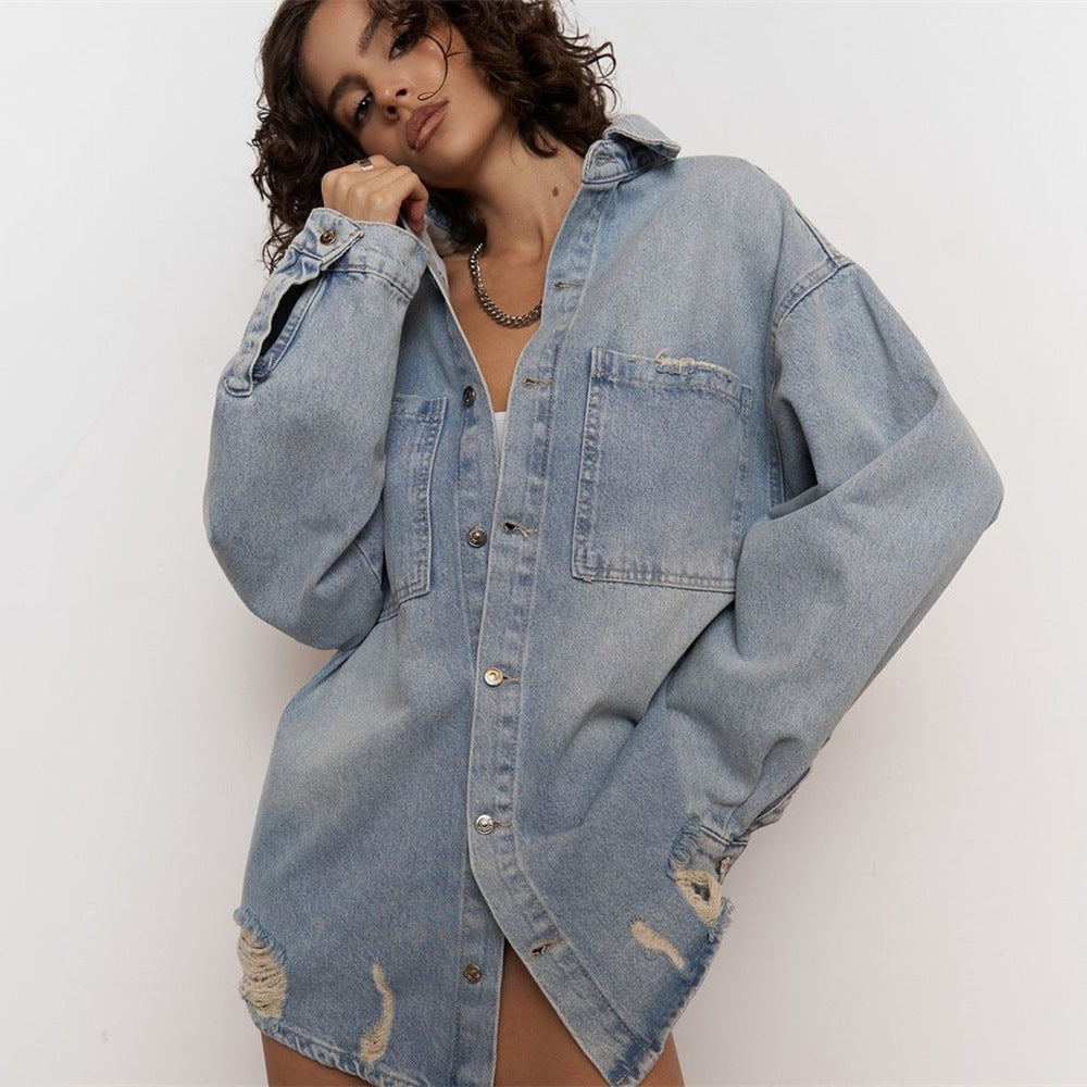 Damen Jeansjacke Distressed Look dunkelblau