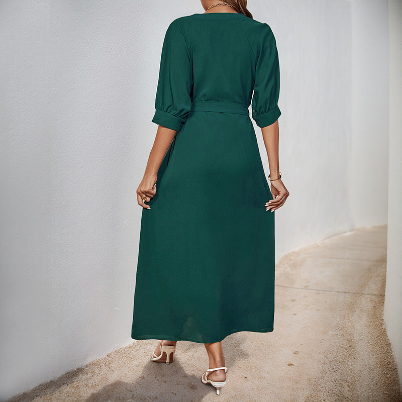 Damen Maxikleid Tailliert Gürtel Knöpfe Norvielle