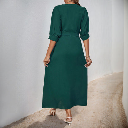 Damen Maxikleid Tailliert Gürtel Knöpfe Norvielle