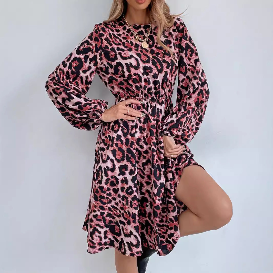 Damen Maxikleid Leopardenmuster Volantärmel Taillierung - Norvielle