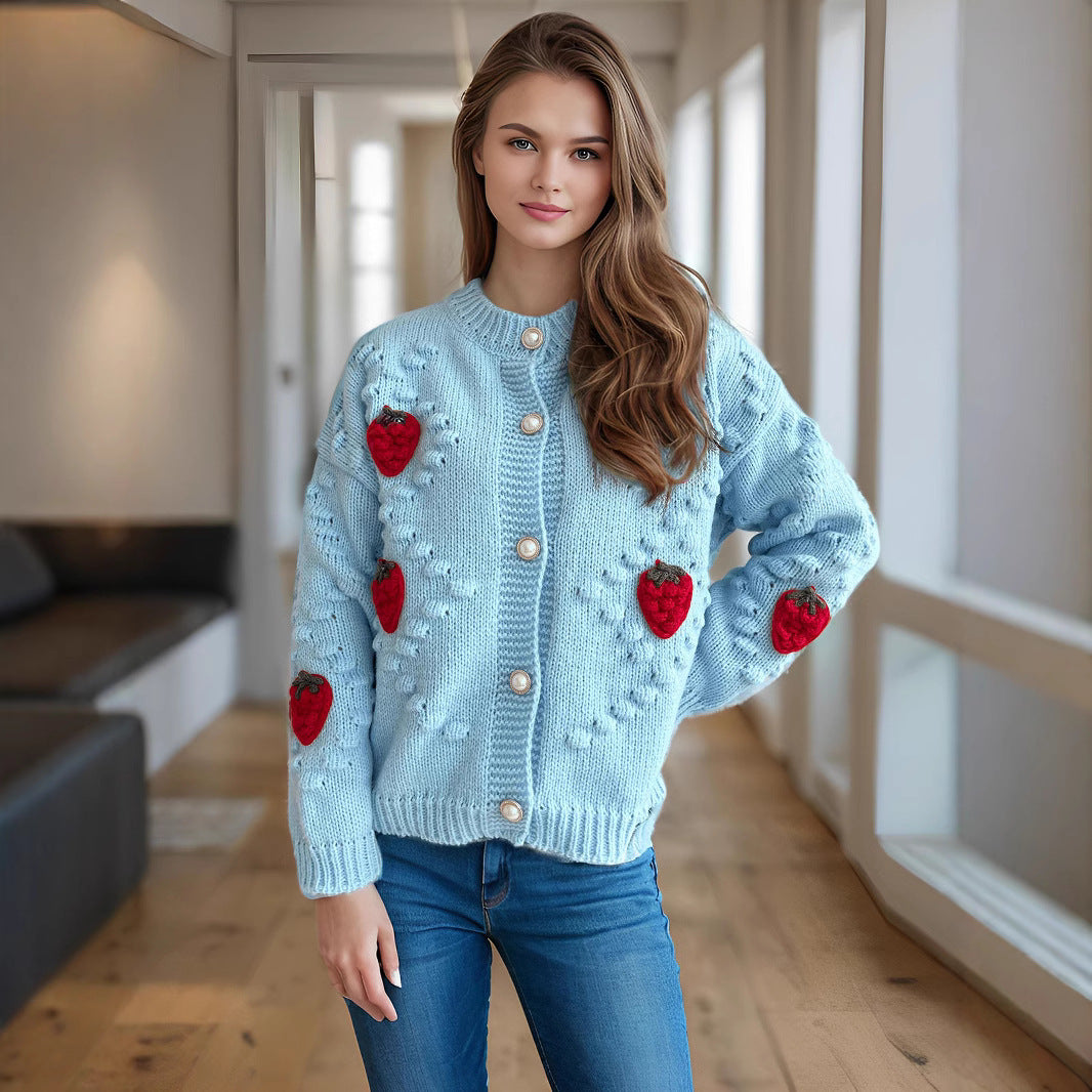 Damen Strickjacke Erdbeer Stickerei Knopfverschluss Norvielle