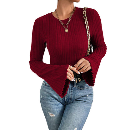 Damen Langarmshirt Rippdesign Ausgestellte Ärmel Norvielle