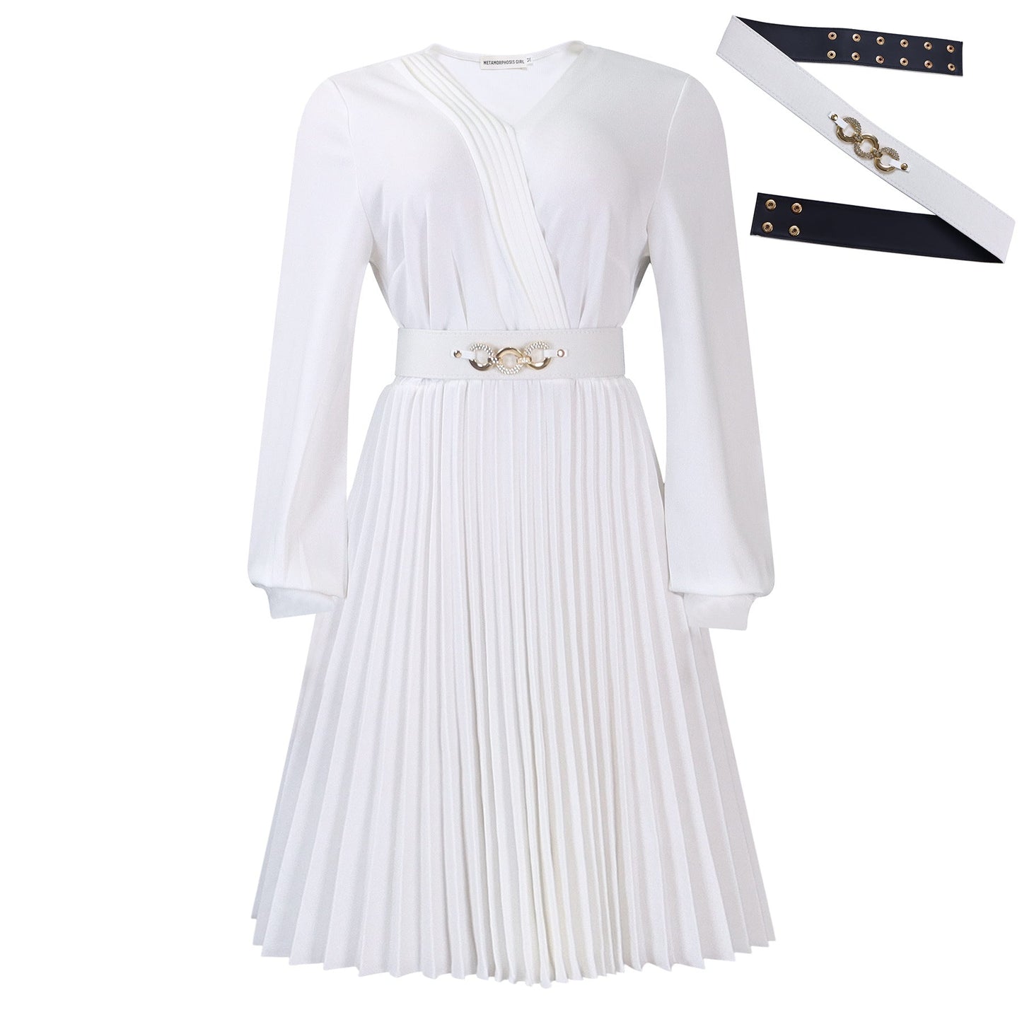 Damen Kleid Plissee V-Ausschnitt mit Taillengürtel Elegant
