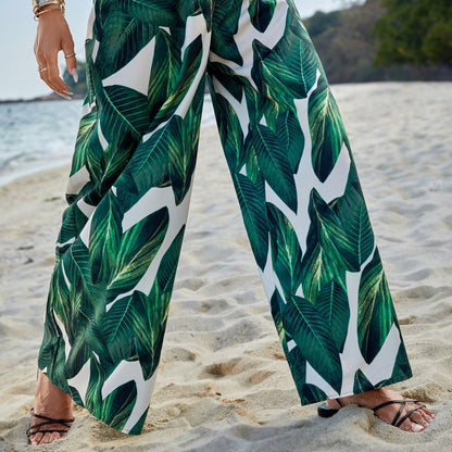 Damen Strandhose Tropisches Blattmuster Elastischer Bund Norvielle