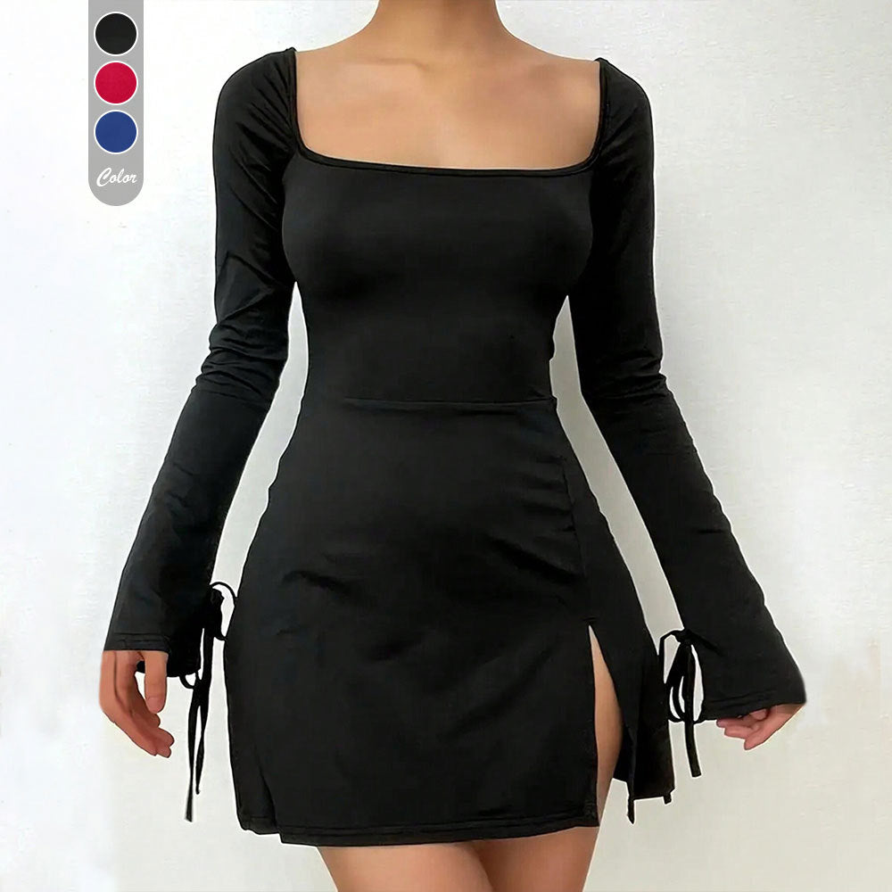 Damen Minikleid V-Ausschnitt Langer Arm Elegantes Schnüren