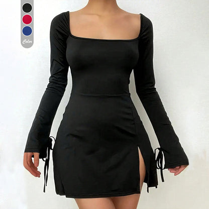 Damen Minikleid V-Ausschnitt Langer Arm Elegantes Schnüren
