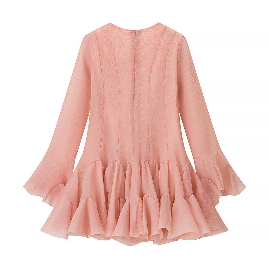 Damen Volantkleid Langer Ärmel Knopf Norvielle