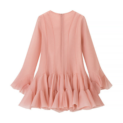 Damen Volantkleid Langer Ärmel Knopf Norvielle