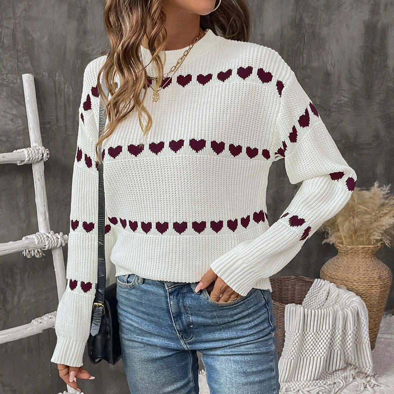 Damen Strickpullover Herzmotiv Lässiger Schnitt