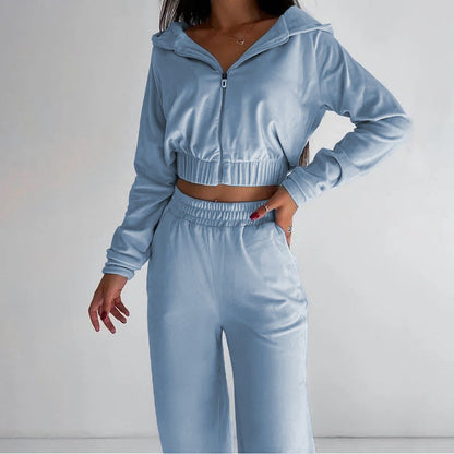 Damen Velours-Loungewear-Set mit Cropped-Jacke und Hosen