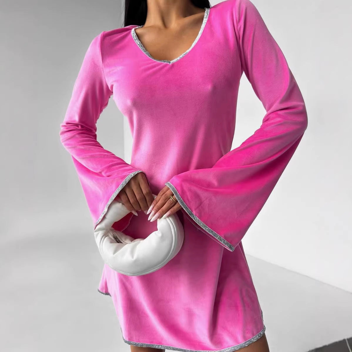 Damen Minikleid V-Ausschnitt Oversized Ärmel