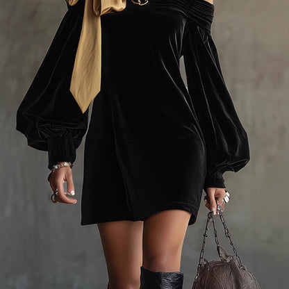 Damen Mini-Kleid Asymmetrischer Ausschnitt Puffärmel Norvielle