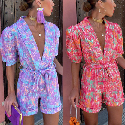 Damen Jumpsuit V-Ausschnitt Knöpfgürtel Norvielle - Norvielle