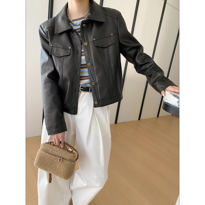 Damen Kunstlederjacke Biker-Stil Doppelkragen Schwarz - Norvielle