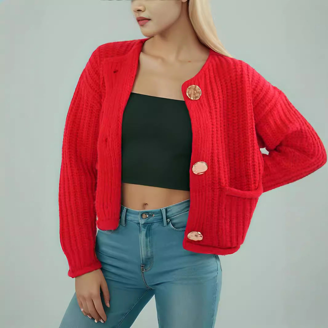 Damen Strickjacke Kuschelig Große Knöpfe Beige - Norvielle