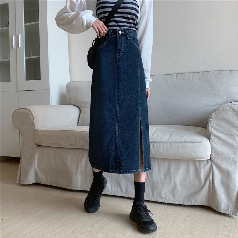 Damen Denim-Rock Lang mit Seiten-Schlitz