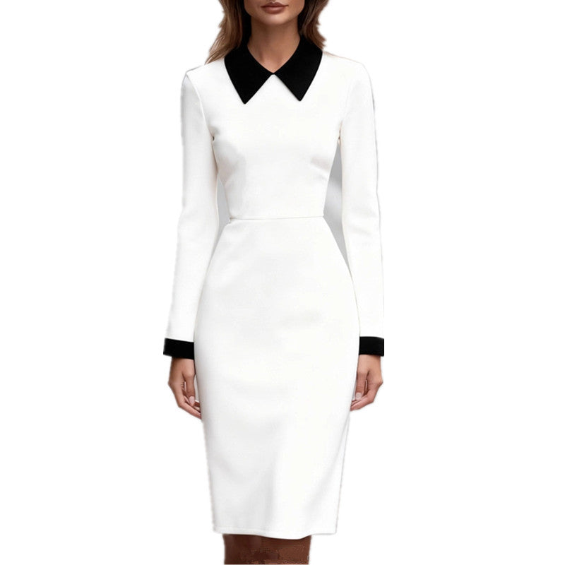 Damen Kleid Figurbetont Kontrastkragen Langer Ärmel