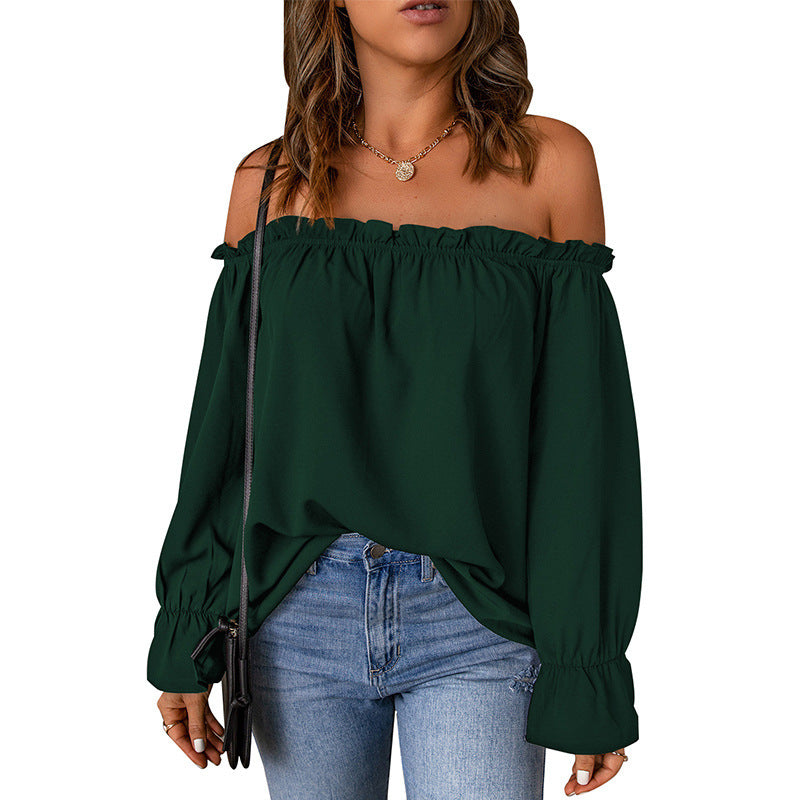 Damen Off-Shoulder Bluse Volantärmel Dekorativer Saum