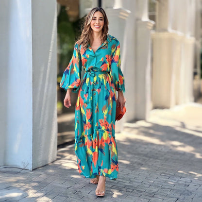 Norvielle Damen Maxikleid Farbenfroh Voluminöse Ärmel