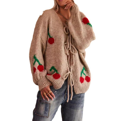 Damen Strickjacke Kirschmuster mit Kordelzug Norvielle