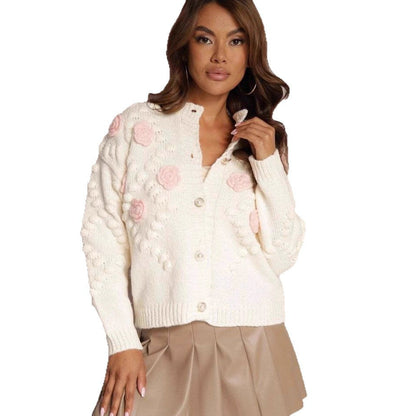 Damen Strickjacke Florale Applikationen Knopfdesign