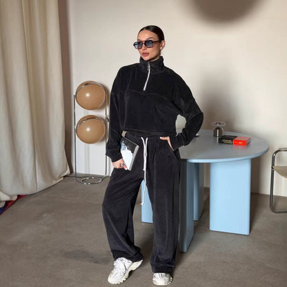 Damen Cropped Sweatshirt Halb Reißverschluss Weite Hose Norvielle